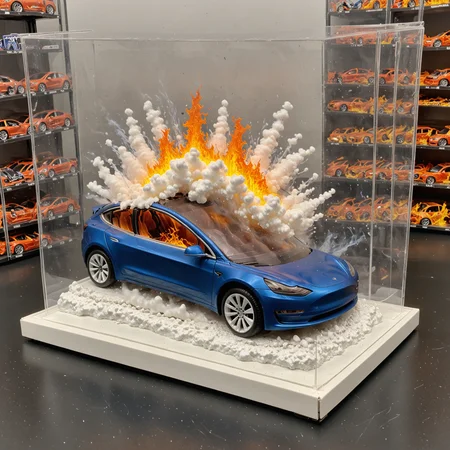 Hot Wheels toy car company have made a toy car version of a Tesla Model 3, The toy telsa model 3 car comes in a mini display unit/box. The car is exploding into fire and flames, white smoke fills the top of the display box, (realistic explosion from car), (realistic Flames bellow from the car windows inside the display unit), (standing next to the car is a little palstic toy man, he holds both arms in the air, <lora:TESLA_TOY_CARS:0.9>
