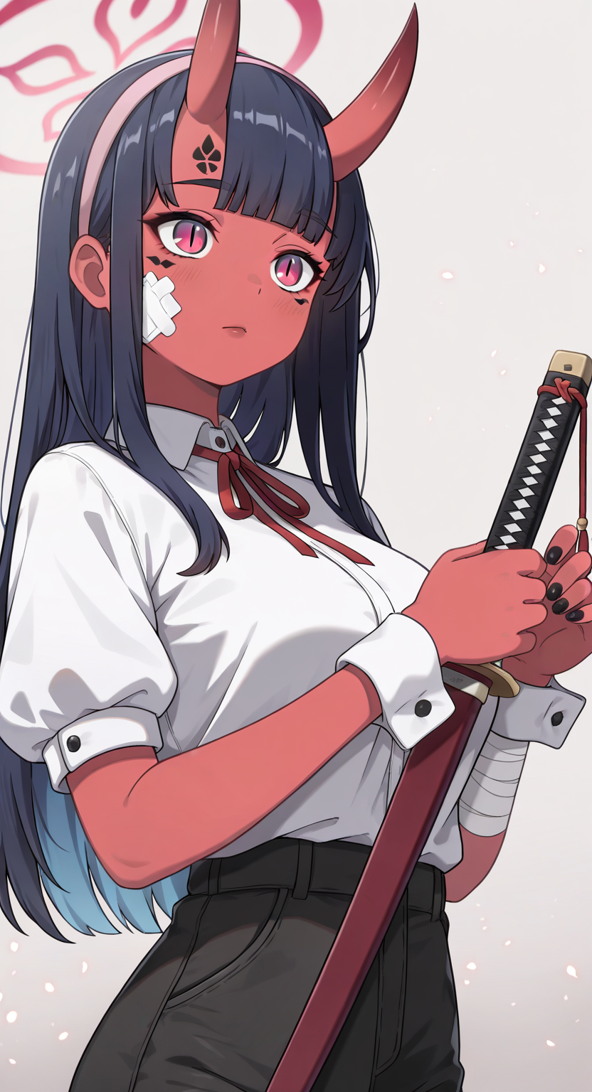 masterpiece, cute, lovely, newest, absurdres, (best quality:1.3), amazing quality, very aesthetic, 1girl, solo, high_resolution, hq, 4k, BREAK. high gradient eyes, very cute, light particles, cute details, cute colors, mature woman, (Kamuo_Style), red skin, oni, oni horns, dark blue hair, straight hair, blunt bangs, pink eyes, slit pupils, (medium breasts:1.2), sagging_breasts, BREAK, bandaid on face, bandaid, bandaid on cheek, forehead mark, parted lips, wrist cuffs, neck ribbon, short sleeves, fingernails, shirt, hairband, puffy short sleeves, puffy sleeves, shorts, t-shirt, bandages, sheath, sword, solo, holding, simple background, grey background, upper body, halo, facial mark, nail polish, closed mouth, red ribbon, black nails, bandaged arm, holding weapon, light frown, light rays, pink hairband, red lips, scabbard, weapon, white shirt, masterpiece, best quality, very aesthetic, intricate details, vivid colors, smooth shading, dynamic lighting, professional illustration, soft gradients, balanced composition, elegant pose, high-resolution, sharp focus, 8k, hdr, crisp lines, perfect lighting, sharp eyes, detailed eyes, highly detailed
