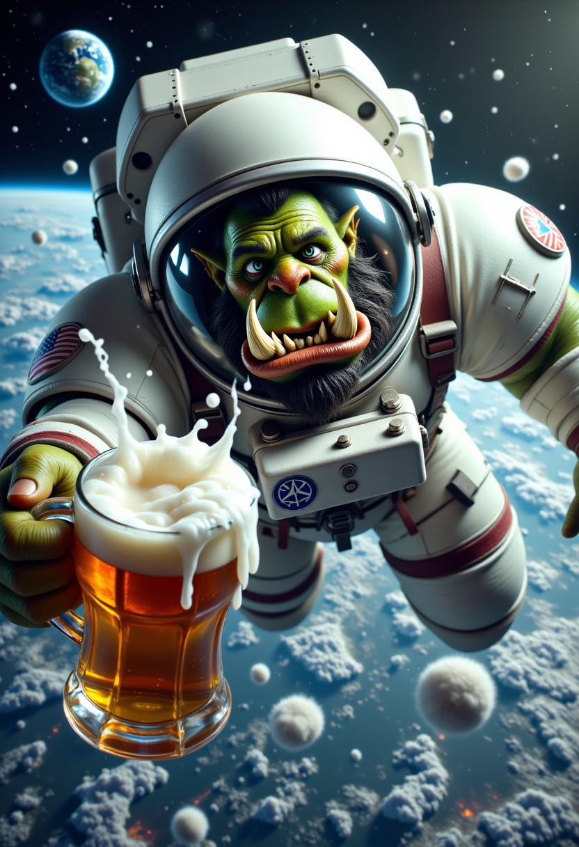 A photorealistic depiction of a muscular orc astronaut in a bulky white spacesuit is floating in zero gravity, orbiting Earth. His green skin and sharp tusks are visible through the helmet’s visor, and his expression is a mix of determination and frustration as he reaches desperately for a frothy mug of ale that’s just out of reach. The mug floats tantalizingly close, droplets of ale drifting away in slow motion.
Earth looms large in the background, its blue and green hues glowing against the vast darkness of space. The orc’s gloved hand stretches toward the mug, his other hand flailing slightly as he tries to maneuver in zero gravity. The scene is both epic and comical, capturing the orc’s struggle between his love for ale and the harsh realities of space travel.
Rendered in the highest detail.