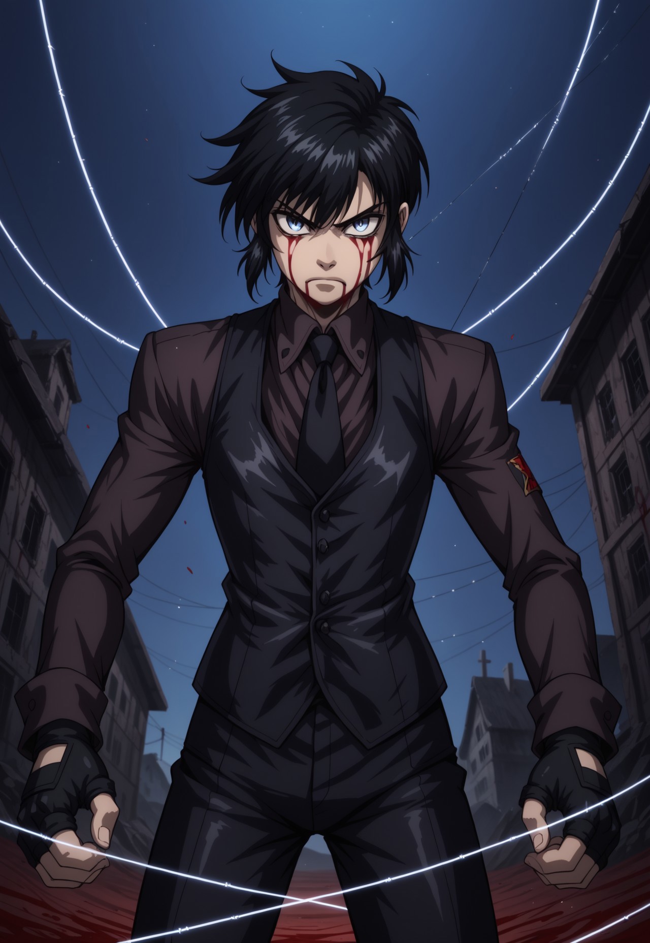 safe_pos, score_9, score_8_up, score_7_up, masterpiece, best quality, YoungWalter, solo, 1boy, male focus, black hair, short hair, blue eyes, black shirt, black necktie, black vest, black gloves, fingerless gloves, cowboy shot, angry, dynamic pose, thread, string, garrote, blood on face, blood on clothes, blood splatters, perspective, night, abandoned house