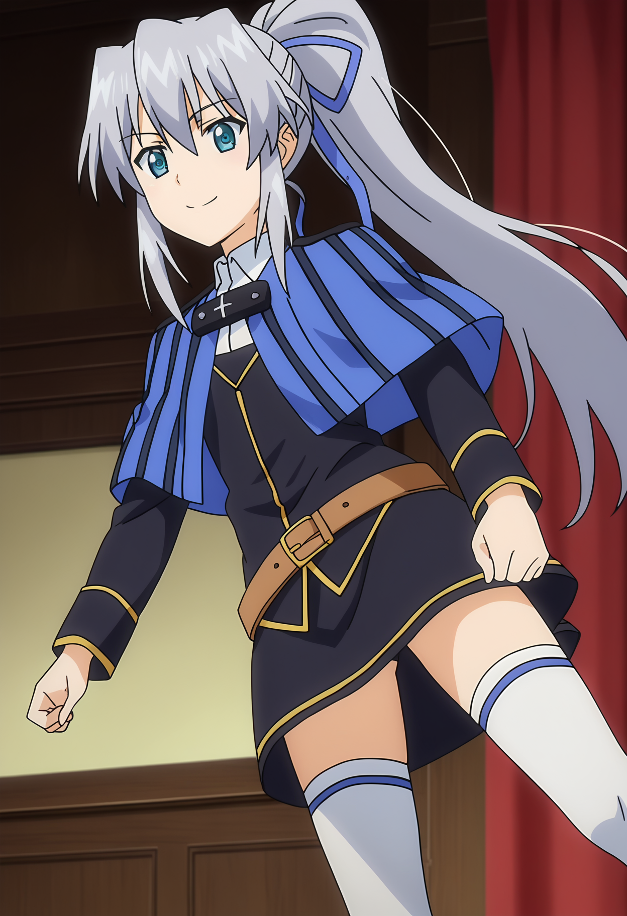 score_9, score_8_up, score_7_up, source_anime,
BREAK
1girl, solo, 
anime screencap, anime coloring, 
<lora:shiKranjarV1:1>, shililianadef, long hair, blue eyes, grey hair, hair ribbon, ponytail, 
uniform, ribbon,
black dress, striped cape, blue capelet, brown belt, white thighhighs, 
looking at viewer, smile,