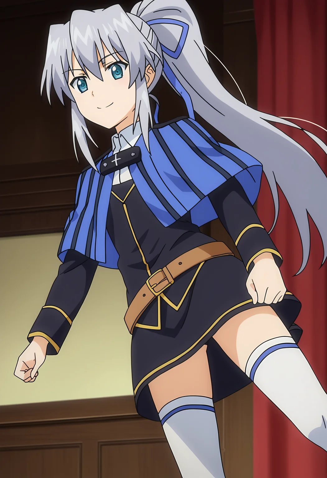 score_9, score_8_up, score_7_up, source_anime,
BREAK
1girl, solo, 
anime screencap, anime coloring, 
<lora:shiKranjarV1:1>, shililianadef, long hair, blue eyes, grey hair, hair ribbon, ponytail, 
uniform, ribbon,
black dress, striped cape, blue capelet, brown belt, white thighhighs, 
looking at viewer, smile,