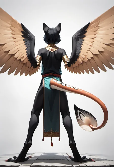 1person, Palagiri, anthro, feline features, feline nose, ((wings)), ((armless)), perfect wings,
Back view, perfect wings, ((prehensile toes, long toes)), ((feathers-tipped tail, fanned tail-tip, tapering-tip tail)),
digitigrade legs, pelvic curtain tunic,
Source: anime, score: 9, score: 8up,