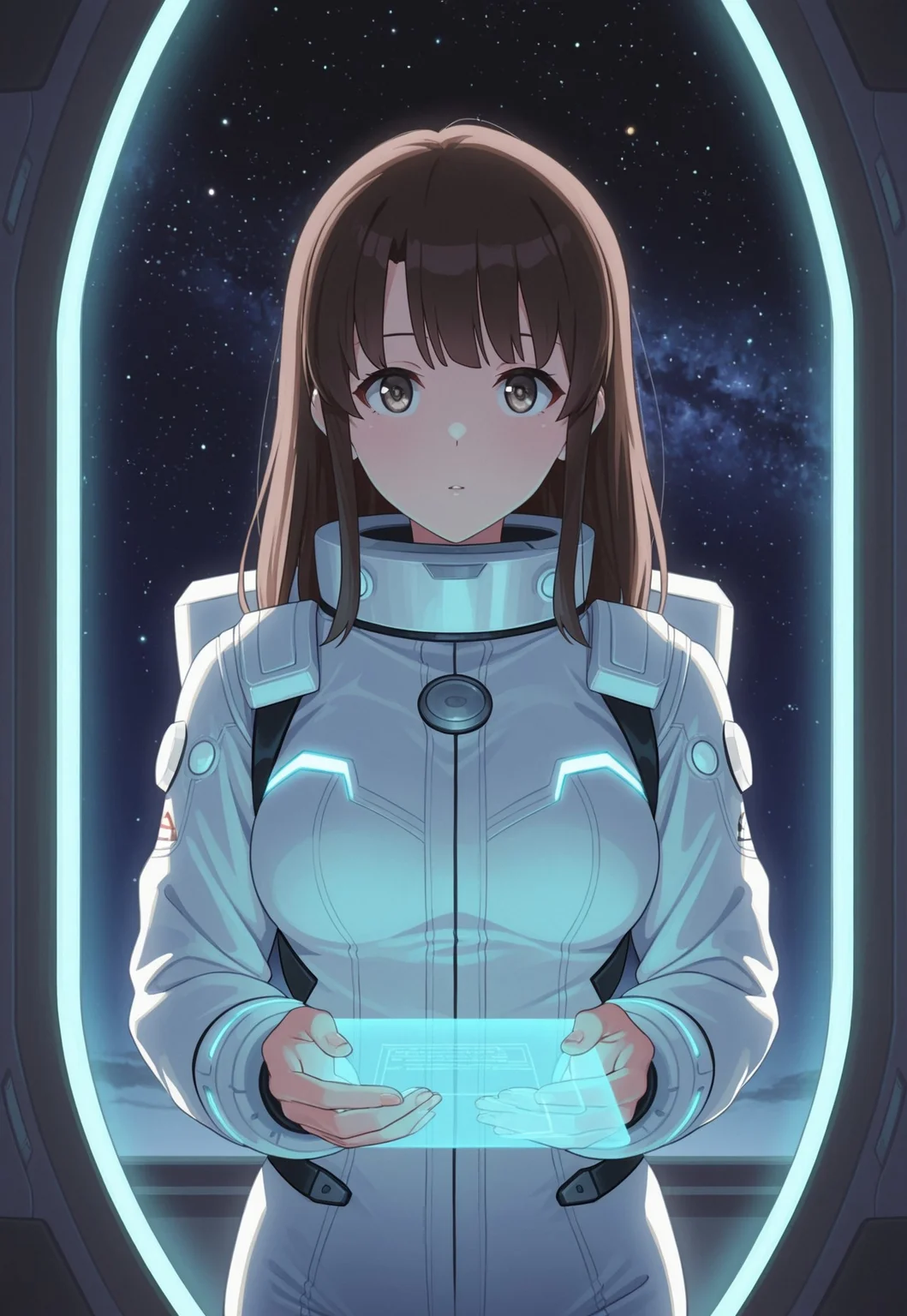 safe_pos, safe_pos, 1girl,Megumi <lora:IL-KatoMegumi:0.8>,brown hair,katou megumi,brown eyes,medium breasts,long hair, futuristic astronaut theme, floating in zero gravity inside a high-tech spaceship, wearing a sleek white and blue space suit with glowing neon accents, large observation window showing a breathtaking view of Earth and distant galaxies, her hair gently floating due to zero gravity, holding a small holographic display in one hand, calm and curious expression, soft ambient lighting from control panels, sci-fi atmosphere, detailed textures on the suit, looking at viewer, cinematic wide-angle shot, masterpiece, best quality, amazing quality, very aesthetic, high resolution, ultra-detailed, absurdres, newest, scenery, volumetric lighting,((detailed eyes)),((five fingers only))