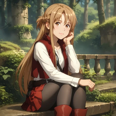 breathtaking cinematic film still score_9, score_8_up, score_7_up, <lora:add-detail-xl:1.3>, 1girl, jungle ruins, (sitting on stone railing:1.3), smile, head rest, light blush, <lora:Asuna_Sword_art_online_progressive_Aria:0.8> asopavp, asuna \(sao\), brown hair, long hair, half up braid, brown eyes, white shirt, long sleeves, cropped vest, red open vest, untucked shirt, brown belt, red pleated skirt, black pantyhose, red boots, full body, depth of field, sunlight, lens flare, . shallow depth of field, vignette, highly detailed, high budget, bokeh, cinemascope, moody, epic, gorgeous, film grain, grainy . award-winning, professional, highly detailed
