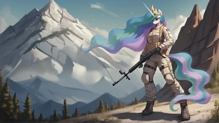 <lora:CanvasSolaris_V2.6_r1:1> cnvsls, princess celestia \(mlp\), wearing combat gear, holding a rifle, standing on a mountain,, score_9, score_8_up, score_7_up, score_6_up,