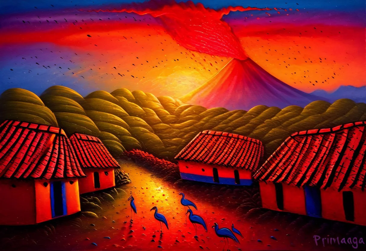 A small village in front of an erupting volcano at sunset. the sky is full of birds, people are everywhere. (Nicaragua Primitivism painting style)