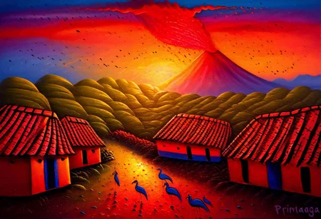 A small village in front of an erupting volcano at sunset. the sky is full of birds, people are everywhere. (Nicaragua Primitivism painting style)