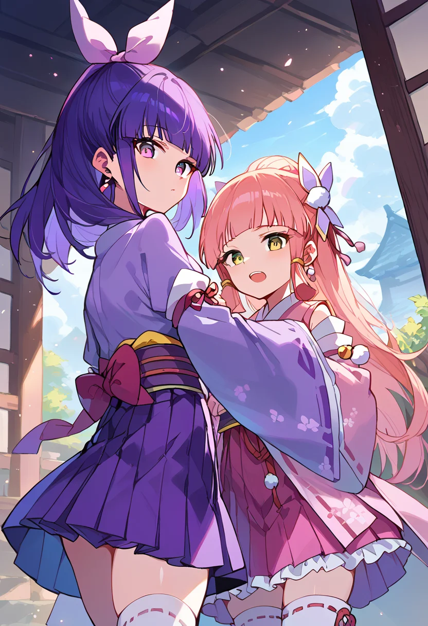 score_9,score_8_up,score_7_up,source_anime,zPDXL3,east asian architecture,bush,stone lantern,sliding doors,petals,cherry blossoms,day,blue sky,
*//*,<lora:KannaSakuno_Pony:1>,multiple girls,2girls,yuri,open mouth,:d,ayanokouji_kanna,purple hair,long hair,blunt bangs,hairband,bow,purple eyes,thighhighs,japanese clothes,skirt,obi,ribbon trim,detached sleeves,ribbon-trimmed legwear,earrings,kimono,sash,white kimono,wide sleeves,pleated skirt,ribbon-trimmed sleeves,
sakuno_hime,pink hair,long hair,blunt bangs,green eyes,hair bow,japanese clothes,hakama,purple kimono,pink kimono,wide sleeves,pom pom (clothes),long sleeves,hair ornament,bow,
*//*,looking at viewer,cowboy shot,dutch angle,dynamic pose,