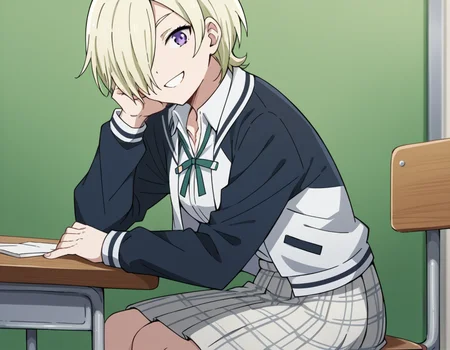 score_9, score_8_up, score_7_up, source_anime, <lora:mia-taylor-s2-ponyxl-lora-nochekaiser:1>, mia taylor, short hair, blonde hair, purple eyes, hair over one eye,, skirt, shirt, ribbon, school uniform, collared shirt, plaid, black shirt, neck ribbon, plaid skirt, white skirt, jacket, checkered skirt, nijigasaki academy school uniform,, indoors, smile, looking at viewer, solo, sitting, head rest, table,, cowboy shot, dutch angle