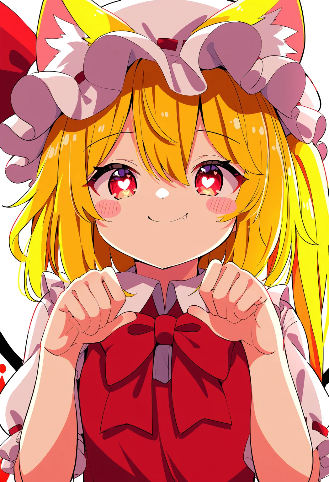 1girl, flandre scarlet,
solo, cat ears, frills, white background, symbol-shaped pupils, heart, ribbon, wings, hat, bow, kemonomimi mode, red eyes, looking at viewer, blonde hair, mob cap, ribbon trim, upper body, hat ribbon, closed mouth, puffy sleeves, fang out, one side up, bowtie, long hair, blush stickers, paw pose, ribbon-trimmed headwear, red bow, hands up, fang, animal ears, animal ear fluff, hair between eyes, red bowtie, simple background, short sleeves, heart-shaped pupils, puffy short sleeves, red ribbon, smile, white headwear,
masterpiece, best quality
<lora:Siro9_nobep10-000013:1>