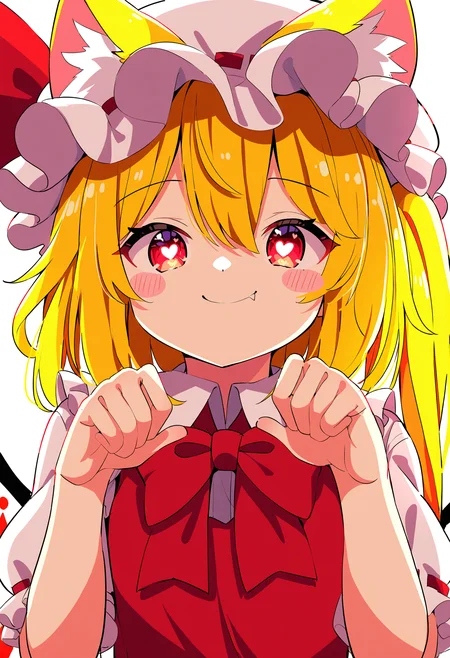1girl, flandre scarlet,
solo, cat ears, frills, white background, symbol-shaped pupils, heart, ribbon, wings, hat, bow, kemonomimi mode, red eyes, looking at viewer, blonde hair, mob cap, ribbon trim, upper body, hat ribbon, closed mouth, puffy sleeves, fang out, one side up, bowtie, long hair, blush stickers, paw pose, ribbon-trimmed headwear, red bow, hands up, fang, animal ears, animal ear fluff, hair between eyes, red bowtie, simple background, short sleeves, heart-shaped pupils, puffy short sleeves, red ribbon, smile, white headwear,
masterpiece, best quality
<lora:Siro9_nobep10-000013:1>