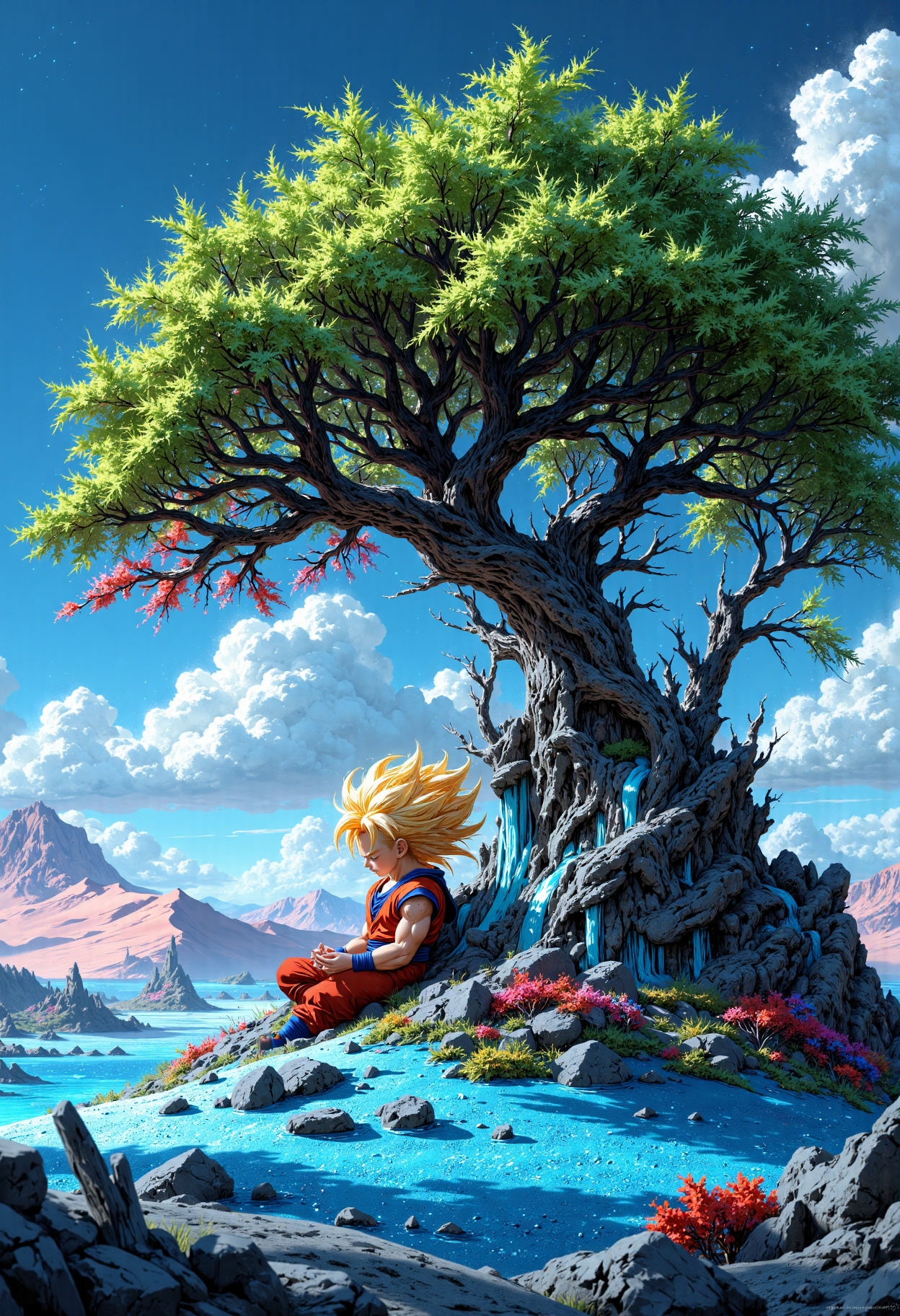 In an otherworldly landscape, a solitary tree, resplendent with a dense crown of vivid emerald leaves, rises proudly atop a gently sloping hill. Its branches, strikingly adorned with deep crimson hues, stretch outwards, inviting intrigue and drawing the eye. This majestic tree stands firm amidst a whimsical expanse of soft, cerulean sand that sparkles like crushed gemstones in the ambient light. Scattered nearby, rugged stones with jagged edges lie partially embedded in the velvety blue sand, while delicate, sun-kissed bushes, with vibrant blossoms, sway gently in the warm breeze, adding splashes of color to the panorama.

In the distance, breathtaking pink sand dunes undulate gracefully, their smooth curves creating a harmonious contrast that evokes a profound sense of serenity amidst the fantastical setting. Above, the sky unfurls into a deep cobalt blue, dotted with exquisite, vintage white clouds that drift lazily, imparting a sense of timelessness and depth to this surreal paradise.

Nestled beneath the enchanting tree, a kid Super Sayan sits in serene meditation. His golden hair glows with an ethereal radiance, contrasting beautifully against the vibrant landscape. As he focuses inwardly, his serene expression conveys a blend of strength and tranquility, perfectly at home amidst this dreamlike environment. The silence is palpable, broken only by the soft whispers of the wind, creating a magical atmosphere that invites viewers to lose themselves in this otherworldly realm.