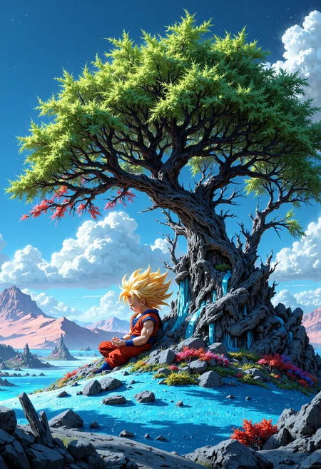 In an otherworldly landscape, a solitary tree, resplendent with a dense crown of vivid emerald leaves, rises proudly atop a gently sloping hill. Its branches, strikingly adorned with deep crimson hues, stretch outwards, inviting intrigue and drawing the eye. This majestic tree stands firm amidst a whimsical expanse of soft, cerulean sand that sparkles like crushed gemstones in the ambient light. Scattered nearby, rugged stones with jagged edges lie partially embedded in the velvety blue sand, while delicate, sun-kissed bushes, with vibrant blossoms, sway gently in the warm breeze, adding splashes of color to the panorama.

In the distance, breathtaking pink sand dunes undulate gracefully, their smooth curves creating a harmonious contrast that evokes a profound sense of serenity amidst the fantastical setting. Above, the sky unfurls into a deep cobalt blue, dotted with exquisite, vintage white clouds that drift lazily, imparting a sense of timelessness and depth to this surreal paradise.

Nestled beneath the enchanting tree, a kid Super Sayan sits in serene meditation. His golden hair glows with an ethereal radiance, contrasting beautifully against the vibrant landscape. As he focuses inwardly, his serene expression conveys a blend of strength and tranquility, perfectly at home amidst this dreamlike environment. The silence is palpable, broken only by the soft whispers of the wind, creating a magical atmosphere that invites viewers to lose themselves in this otherworldly realm.