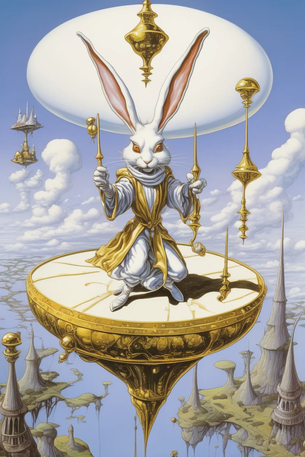 <lora:Rodney Matthews Style:1>Rodney Matthews Style - aerial view of a floating two-legged white rabbit wearing a gold robe being abducted