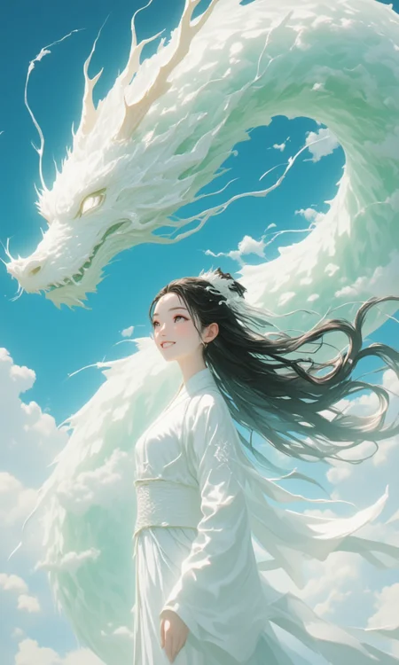 Long hair, smile, Chinese style, crystal clear crystal glass texture scene, 3D carving realistic scene A beautiful woman in ancient costume and a dragon appear in the sky, under the white crystal dragon stands a beautiful Chinese woman, 14 years old, energetic, wearing white Hanfu, white clouds floating in the background, close-up, panoramic shot, front shot, clean background, minimalist, light white and light green, dreamy texture, grand scene, dynamic design, water fusion, design balance, master work, movie lighting, fine details, color level. Longyan is full of spirit, dignified and solemn, ancient Chinese minimalism, macro perspective, 3D rendering, surreal details, fantasy style Ancient Chinese rice paper scroll, ancient Chinese simple painting, blank view, yarn material, artistic conception ink painting, Buddhist artistic conception, layering, soft light, depth of field, background blur, edge blur, ink illustration, Dunhuang color system