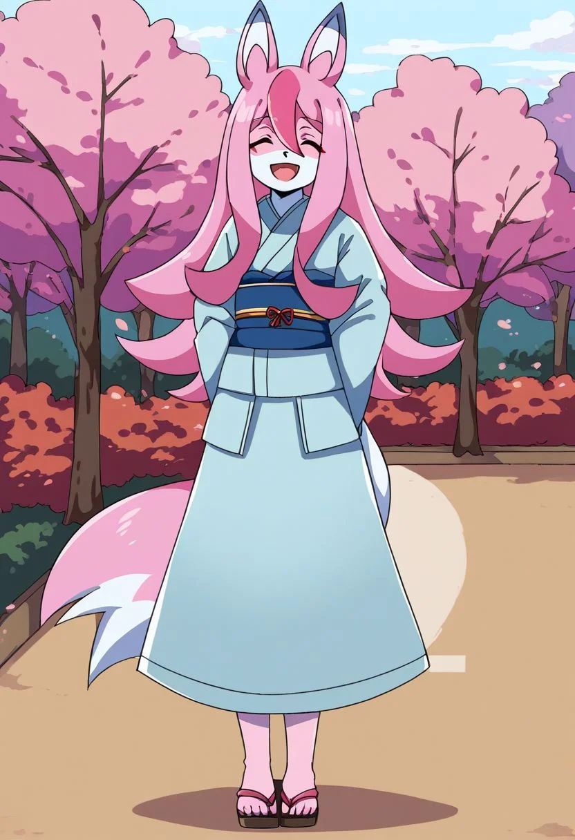 score_9, score_8_up, score_7_up, score_6_up, score_5_up, score_4_up, source_anime<lora:nazuna_hiwatashi:1>, anthro, furry, fox, nazuna, pink and white fur color, two-tone fur, pink hair, long hair, hair between eyes, red eyes, animal ears, animal tail, fluffy tail, 1girl, closed eyes, solo, animal ears, furry female, long hair, pink hair, smile, open mouth, looking at viewer, outdoors, kimono, full body