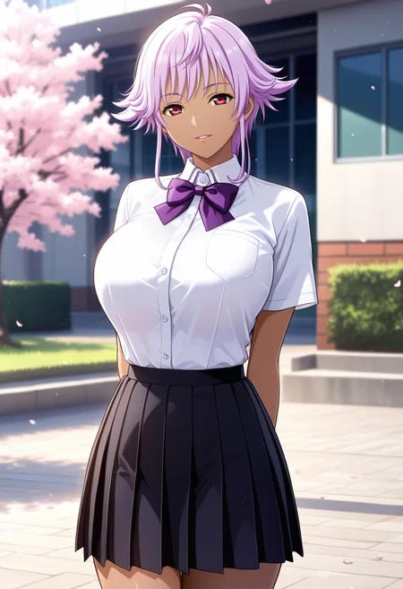 masterpiece, best quality, amazing quality,gladys von wackenheim, red eyes, purple hair, short hair, mature female, dark-skinned female, 1girl, breasts, solo, large breasts,school uniform,pleated skirt,white shirt, black skirt, purple bow,short sleeves, parted lips, light smile, standing,arms behind back, looking at viewer, cowboy shot, blurry background, outdoors, school, cherry blossom<lora:gladys von wackenheimV1:0.9>