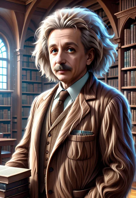 High quality, masterpiece, absurd resolution, vibrant color, Albert Einstein made of w00kiee, fantasy library, indoors, sharp focus