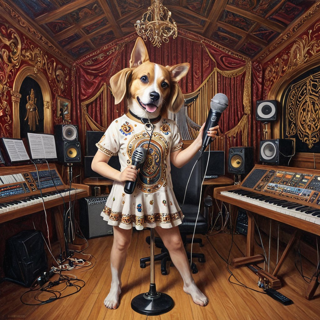 dog girl dressed in an elaborate collection of qu4ntum covering her in a majestic way holding microphone, music studio, painting of cute qu4ntum, pg safe