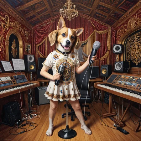 dog girl dressed in an elaborate collection of qu4ntum covering her in a majestic way holding microphone, music studio, painting of cute qu4ntum, pg safe