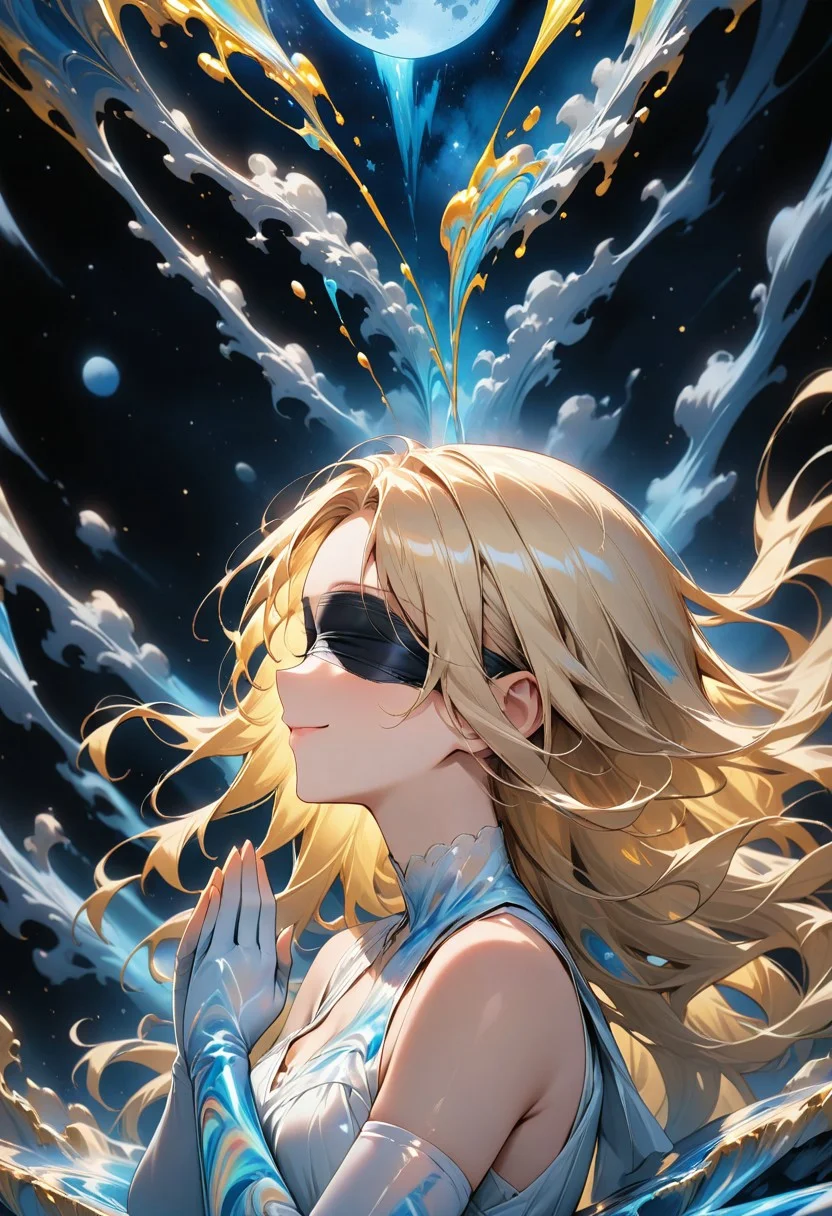 ((masterpiece), (best quality), (ultra-detailed),
, 1woman, light, upper body, long hair, blonde hair,
elbow gloves, illustration, 2DMM,
dress made of Liquid Marble, black blindfold, blind, offer prayers, pray pose, hands together,
upper body, moon, standing on the edge of a destroyed bridge, white dress, belt,
From side-above, space, stars, night, sky, Liquid Marble, face focus, portrait, soft smile, chin up
)