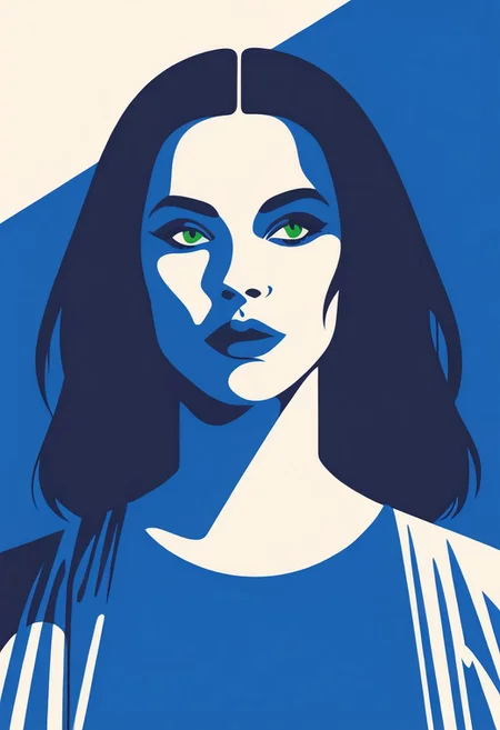 vztdzsxx, a flat style vector illustration, 1girl, solo, shirt, medium breasts, jewellery, blue theme, limited palette, black hair, green eyes, makeup, upper body, portrait, flat color, vector art, illustration, vector illustration, cel shading, simple coloring, score_9, score_8_up, score_7_up, score_6_up, score_5_up, score_4_up