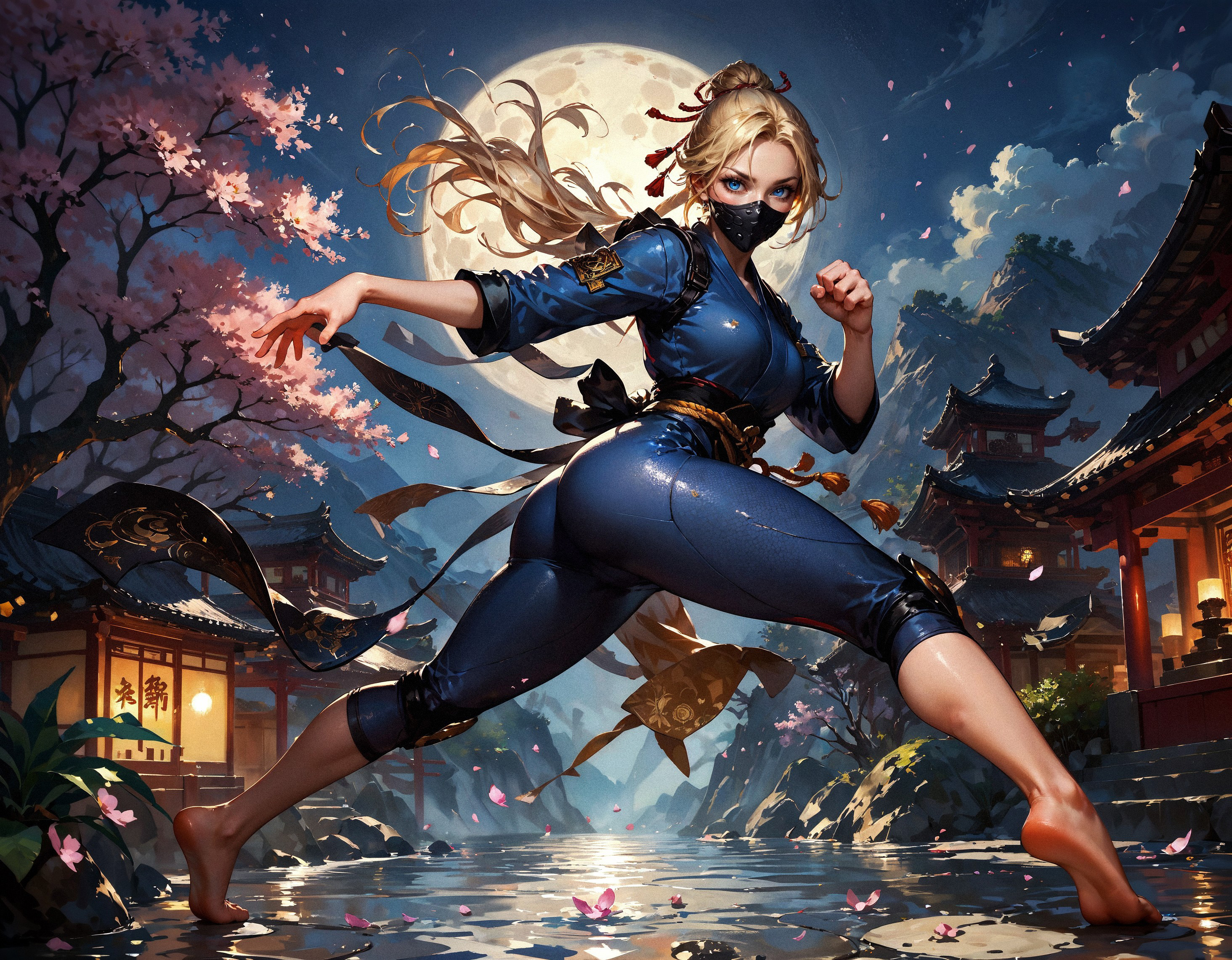 score_9, score_8_up, score_7_up, score_6_up, score_5_up, score_4_up,   solo, ninja woman, blue eyes, blue ninja suit, legs, thighs, apron, black ninja mask, blonde, (view from behind:1.2), action pose, dynamic pose, golden butterflies, seductive, curvy, full body, legs, feet, very beautiful, black trim, Japanese garden, fantasy, cherry blossoms, epic, highly detailed, black and red theme, candlelight, night, dark, soft lighting, golden particles, full moon, moonlight