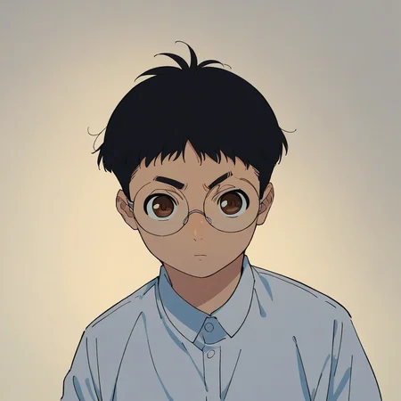 ken, 1boy, score_9, score_8_up, score_7_up, source_anime, looking at viewer, gradient background, black hair, brown eyes, glasses, school uniform, standing, upper body, round eyewear <lora:ken-ponyXL-v0.5:0.9>