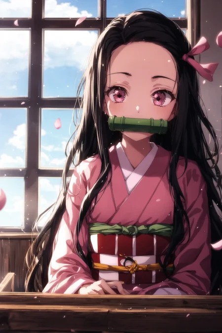 <lora:Nezuv1:0.6>, 1girl, bamboo, bit gag, black hair, blue sky, blurry, blurry background, blurry foreground, checkered, checkered obi, cloud, day, depth of field, gag, gagged, hair ribbon, indoors, japanese clothes, kamado nezuko, kimono, long hair, looking at viewer, motion blur, mouth hold, multicolored hair, night, obi, petals, pink kimono, pink ribbon, ribbon, sash, sky, solo, very long hair, window