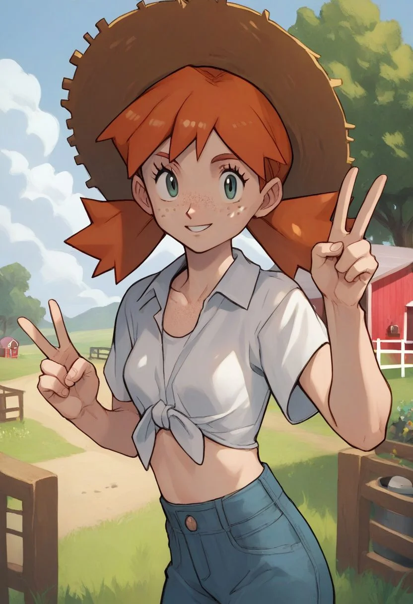 (source_anime, score_9, score_8_up, score_7_up:1), 1girl, solo, orange hair, twintails, freckles, straw hat, tied shirt, peace sign, looking at viewer, outdoors, farm