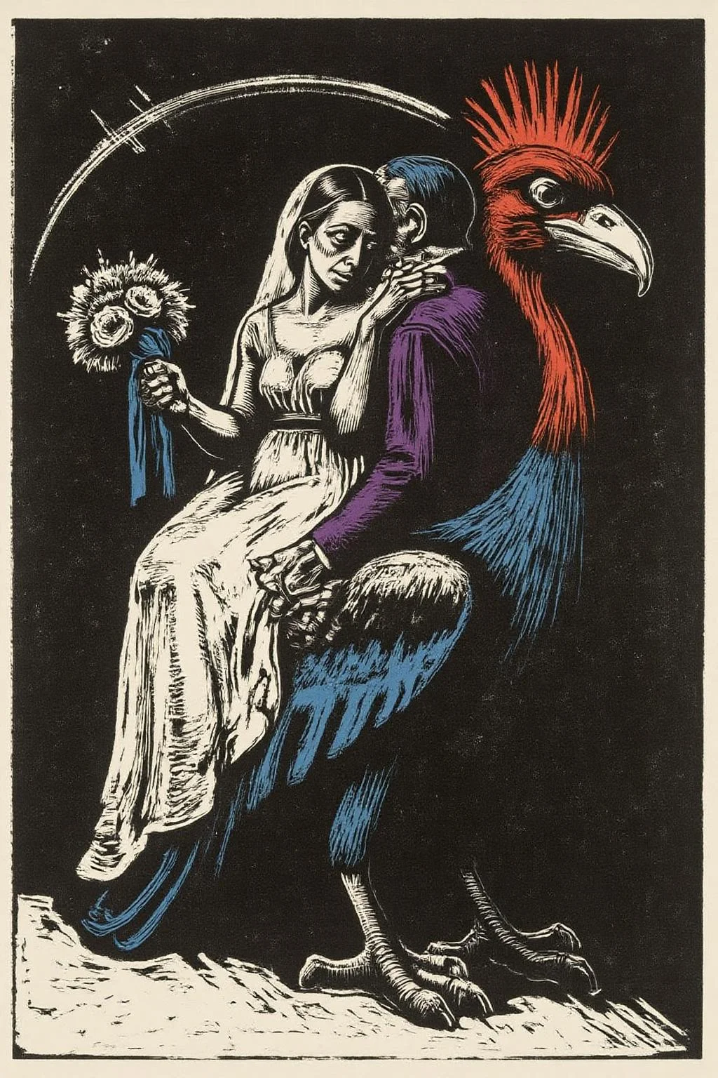 kako1 black and white woodcut print. A romantic scene with a couple, a woman, and a man, set against a dreamlike, fantastical backdrop. The woman, dressed in a flowing white wedding gown, is seated on the back of a stylized giant bird with a prominent red comb and a blue body. She holds a bouquet of flowers in her left hand and a blue ribbon in her right hand, which is resting on the man's shoulder. The man, dressed in a deep purple suit, embraces her from behind, with his head resting on her shoulder. <lora:kako3_woodcut_cap_d6a3e11:1.0><lora:817687513457130056:0>