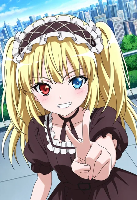 general,highres, ultra-detailed,very aesthetic,best quality ,best hands,best eyes,easynegative,
dynamic anglre, dutch angle, anime cloring,anime screencap,
1girl solo,looking at viewer,outdoors,city,smile,teeth, v sign,
Kobato HASEGAWA,blonde_hair, long_hair,twintails, heterochromia, red eye,blue eye, small breasts, short body, petite,headdress, black frills dress,