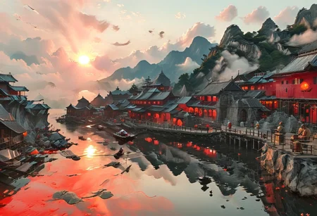 ((score_9, score_8_up, score_7_up, score_6_up)), ((Masterpiece)), (((Ha Long Bay, Halong Bay, inlay myanmar))), high angle, from above, Photorealistic, India Model, detailed, perfect, perfection, dioramas, watercraft, lake, chinese meticulous ink, panorama landscape, dioramas, architecture, ships, wharf, sea, river, pier, chimney, cloud, town, house, water, ((blood-red sunset, large sun, volumetric lighting, god rays)), ((Lake water reflecting red light)), dracula japan village, Japan, enchanted fortress and fortified castle, above the clouds, mystical atmosphere, detailed stone and wood walls, bloody mist swirls around, weibo, drawing, formal, black hair, devil horns, double halo, hunter eyes, holding finger to lips, shush, intimidating retro 90's, red, black, science fiction, a dark sky lit by the glow of distant moons and neon lights. rockpunk, yoji shinkawa, James Jean, Ayami Kojima, village, <lora:EnvyPanoramaXL01:0.5>, Hand, detailed, perfect, perfection, hands, India Model, Beautiful, Photorealistic, chinese meticulous ink, illustration