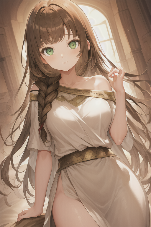 masterpiece, best quality, <lora:Rhea-SD-000009:0.8> rh34, brown hair, long hair, choppy bangs, high braid, green eyes, medium breasts,