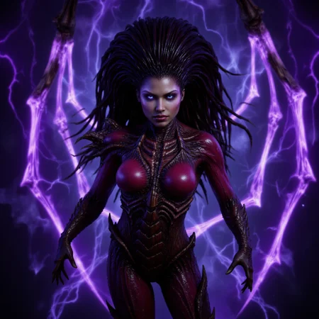 aidmafluxpro1.1, aidmarealisticskin, This is a highly detailed, fantasy photo featuring a powerful, humanoid female figure with a menacing, otherworldly appearance. She stands in the center of the image, surrounded by a swirling, ethereal vortex of dark purple and black cosmic energy. Her skin has a dark, almost black tone, and her eyes glow with an intense, piercing light. She has long, flowing, dark hair that seems to be infused with the same energy as the background, giving it a fiery, electric texture.shot with a sony camera