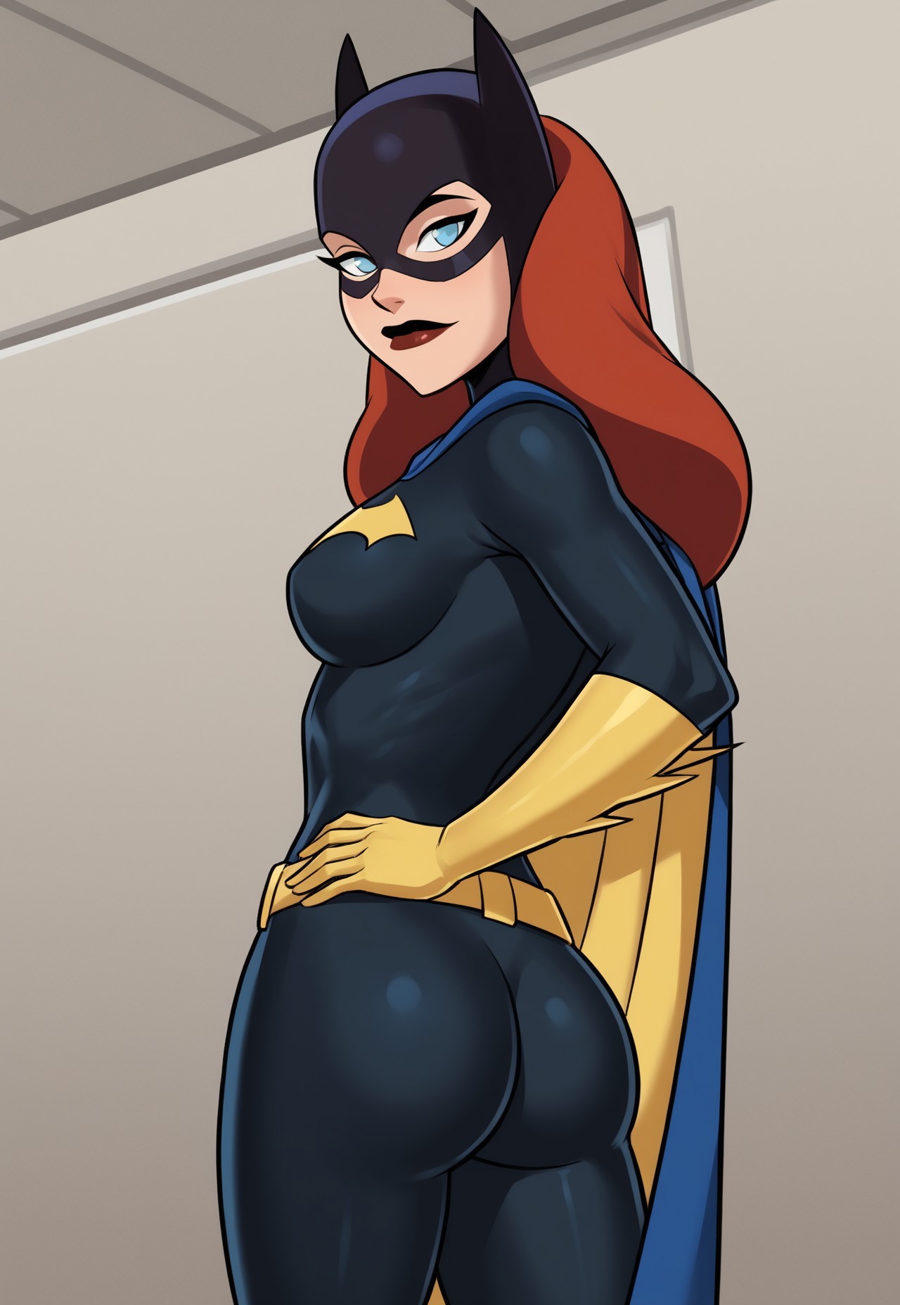 safe_pos, PonyXLV6_Scores BREAK ((parody), perfect anatomy, perfect eyes, cowboy shot), <lora:add_details_xl:0.8> BREAK barbara gordon, long hair, red hair, blue eyes, raised eyebrow, flirting, ((looking back at viewer)), mask, superhero, bodysuit, cape, gloves, belt, curvy, toned, athletic, sexually suggestive pose, standing, hands on hip, indoors