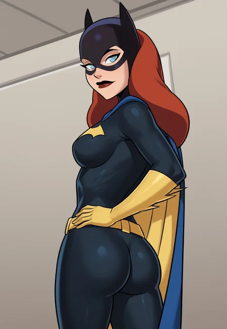 safe_pos, PonyXLV6_Scores BREAK ((parody), perfect anatomy, perfect eyes, cowboy shot), <lora:add_details_xl:0.8> BREAK barbara gordon, long hair, red hair, blue eyes, raised eyebrow, flirting, ((looking back at viewer)), mask, superhero, bodysuit, cape, gloves, belt, curvy, toned, athletic, sexually suggestive pose, standing, hands on hip, indoors
