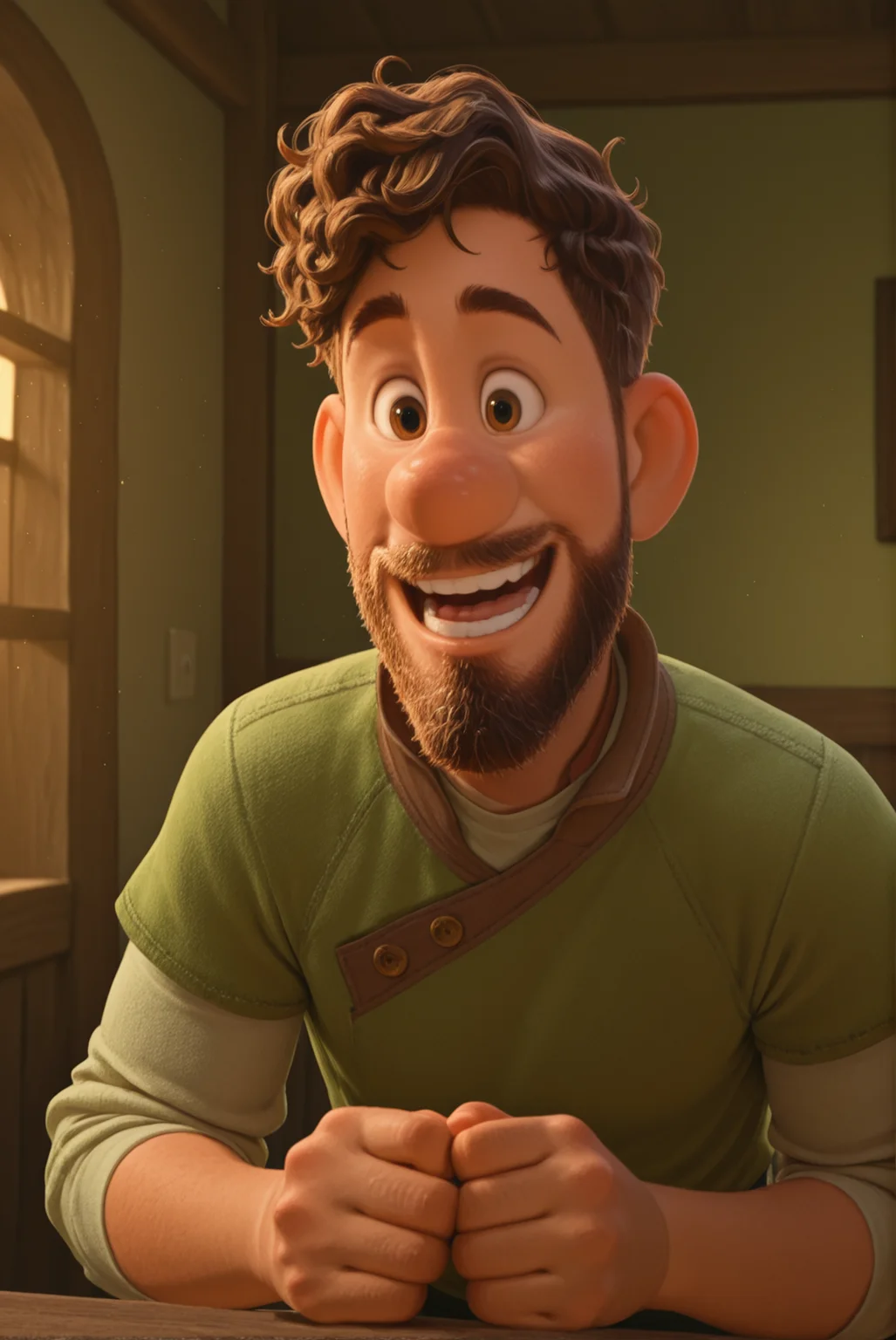1boy, solo, male focus, searcherclade, facial hair, beard, brown hair, brown eyes, green shirt, happy,
,masterpiece,best quality,amazing quality,<lora:searcher_clade_strange_world:1>