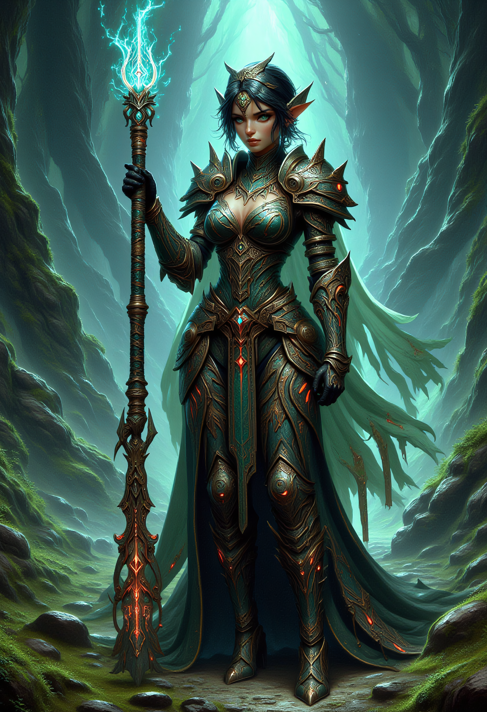 realistic scenery, ultra high quality, very detailed, a gorgeous earth magic sorceress wearing body armor and holding an entchanted mage battle staff, full body shot, <lora:Glowing_Runes_Flux>
