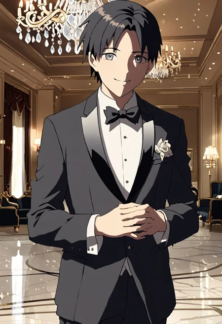 Highres, Masterpiece, High Quality, 4K, 8K, solo, 1Boy, Takaki Toono, adult, black hair, short hair, ballroom, luxury hotel, luxury room, marble floor, crystal chandelier, classic ornaments, tuxedo, smile, musterius, classy, confident, rich, easynegative, detailed_eye_model