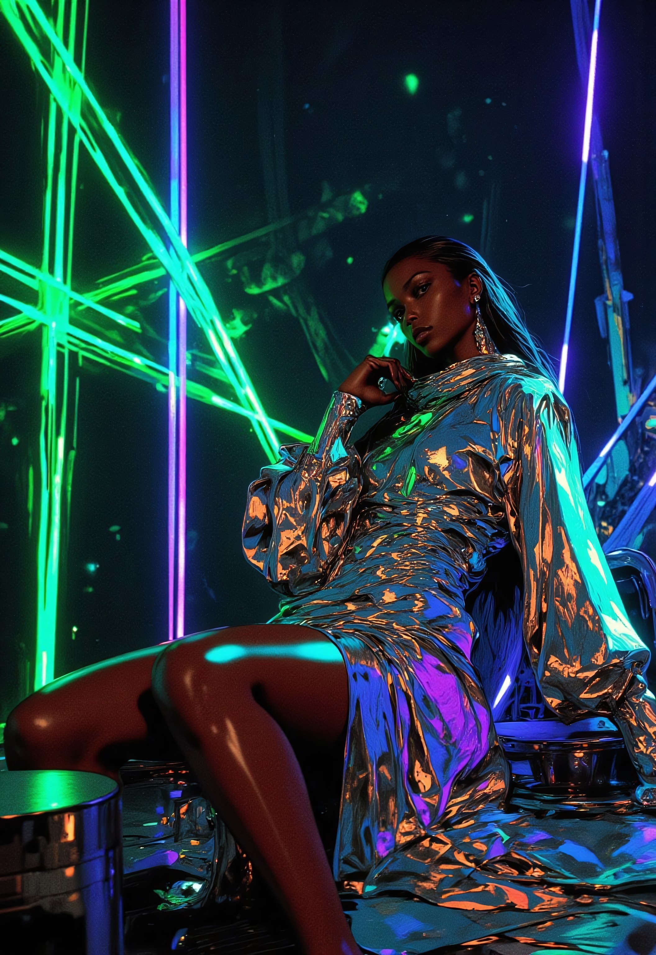 This is a highly stylized, vibrant photograph of a person posing in a dramatic, futuristic setting. The subject is a woman with dark skin, dressed in a shimmering, metallic, one-shoulder dress that catches the light and reflects it in various colors, including green, blue, and purple. The dress is form-fitting and has a high neckline, accentuating the person's slender frame. The person's hair is slicked back, adding to the sleek, modern aesthetic. The background is a dark, moody space with a blue and purple hue, creating a high-contrast effect that highlights the subject. Multiple neon green and blue lights radiate from various angles, creating a dynamic, almost sci-fi atmosphere. The lights intersect and refract off the shiny surface of the dress, creating a dazzling, almost holographic effect. The person is posed in a seated position with one leg bent, creating a sense of movement and dynamism. Their left hand is resting on their knee, while their right hand is raised and bent at the elbow, adding a touch of elegance to the pose. The overall style of the image is highly stylized and artistic, emphasizing both fashion and lighting as key elements.