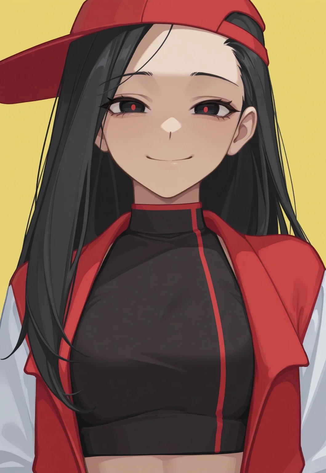 anime, masterpiece, best quality, detailed background, 8k, 1girl, solo, YiXi, black hair, long hair, black eyes, red pupils, baseball cap, red cap, sideways cap, black crop-top, jacket, red and white jacket, smile, yellow background, half body, face focus, close-up, staring at viewer, no pose