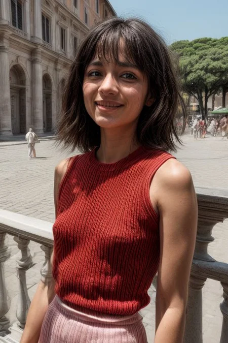 (side view:1.1), Italian woman, (swooping breasts:1.1), perky boobs, hard nipples, <lora:swooping_breasts-SD-1.0:1.2>, masterpiece, best quality, absurdres, highres, 4k, ray tracing, intricate details, highly detailed, <lora:real_skin:0.7> skin, Rome view from balcony, Rome, knowing smile, blushing, shy, loose spaghetti strap tank top, lace tank top, perky medium boobs,