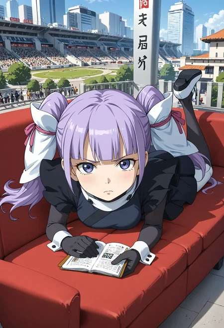 <lora:Hyper-SDXL-8steps-lora:1> <lora:Fixhands_anime_bdsqlsz_V1:1> zPDXL2, score_9, score_8_up, score_7_up, source_anime, intricate details, perfect anatomy BREAK
outdoors, city, tokyo, japan, audience, crowd, looking at viewer, from above,  on couch,  on stomach, holding book,  looking up, feet up, Annoyed, Mouth turned down slightly, eyes narrowed, and a tense jaw., 1girl, solo, solo focus, 
<lora:GAGE-fram_nara_XL(pony)v10:1> GAGE-fram, purple hair, twintails, hair ornament, purple eyes, GAGE-fram outfit, black dress, white wrist cuffs, black gloves, black skirt, white pantyhose, black legwear, white shoes,