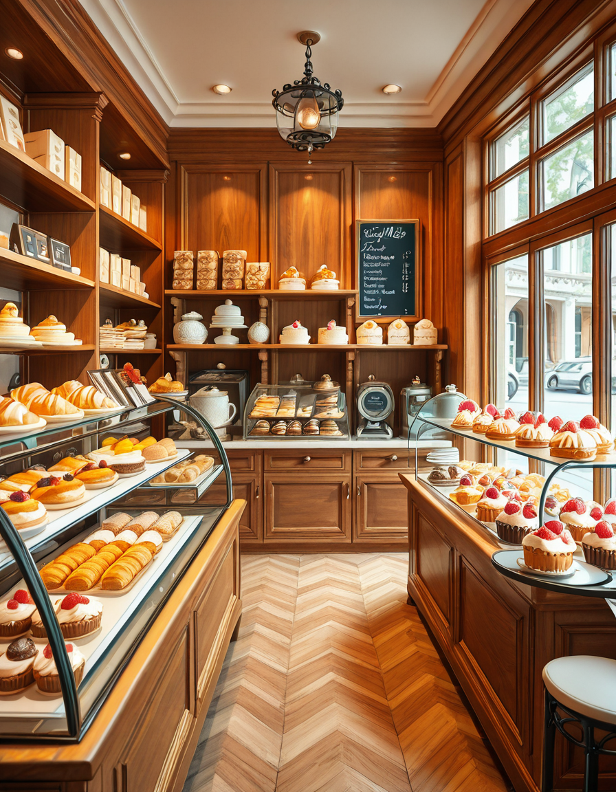 A beautifully designed, elegant pastry shop with a luxurious European-inspired aesthetic. The interior features intricate moldings, high ceilings, and large arched windows that allow natural daylight to stream in, casting a soft glow over the polished marble floors. The walls are adorned with pastel-colored wallpaper, delicate gold accents, and vintage-style framed paintings of pastries and tea sets.
The centerpiece of the shop is a long glass display case filled with an exquisite assortment of pastries, including colorful macarons, delicate éclairs, fruit tarts with glistening glaze, and elegantly decorated cakes with intricate sugar flowers. Behind the counter, shelves lined with neatly arranged boxes of artisanal chocolates, fine teas, and jars of homemade jam add to the refined atmosphere. Crystal chandeliers hang from the ceiling, casting a warm golden light that reflects off the glass surfaces.
Small round tables with marble tops and wrought iron chairs are arranged neatly throughout the space, each set with fine porcelain teacups and decorative napkins. A large antique-style clock hangs on the wall above a wooden shelving unit filled with fresh baguettes and croissants resting in woven baskets. The air is filled with the inviting scent of fresh-baked pastries, vanilla, and rich espresso.
In the background, a grand espresso machine with polished brass fittings sits atop a marble counter, next to a beautifully arranged tiered cake stand displaying freshly made confections. A large, arched doorway with a carved wooden frame leads to a cozy back room with additional seating and a vintage-style menu board showcasing the shop's specialties written in elegant calligraphy. The entire setting evokes a sense of refinement, charm, and indulgence, with a warm and welcoming ambiance.
<lora:SDXLFaeTastic2400:0.4> <lora:extremely_detailed:0.4> extremely detailed, <lora:elegant_p4stry_sh0p_illus:1>,elegant p4stry sh0p, Masterpiece,best quality,hi res,8k,hi res,8k,award winning,(sharp focus, intricate, highly detailed),