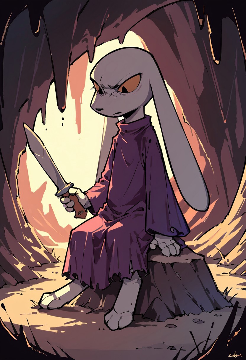score_9,score_8_up,score_7_up, cave, shadow, lighting, king, purple dress, long ears, holding a sword, sitting on top of a destroyed robot with chucks of its pieces on the ground, cave, looking down