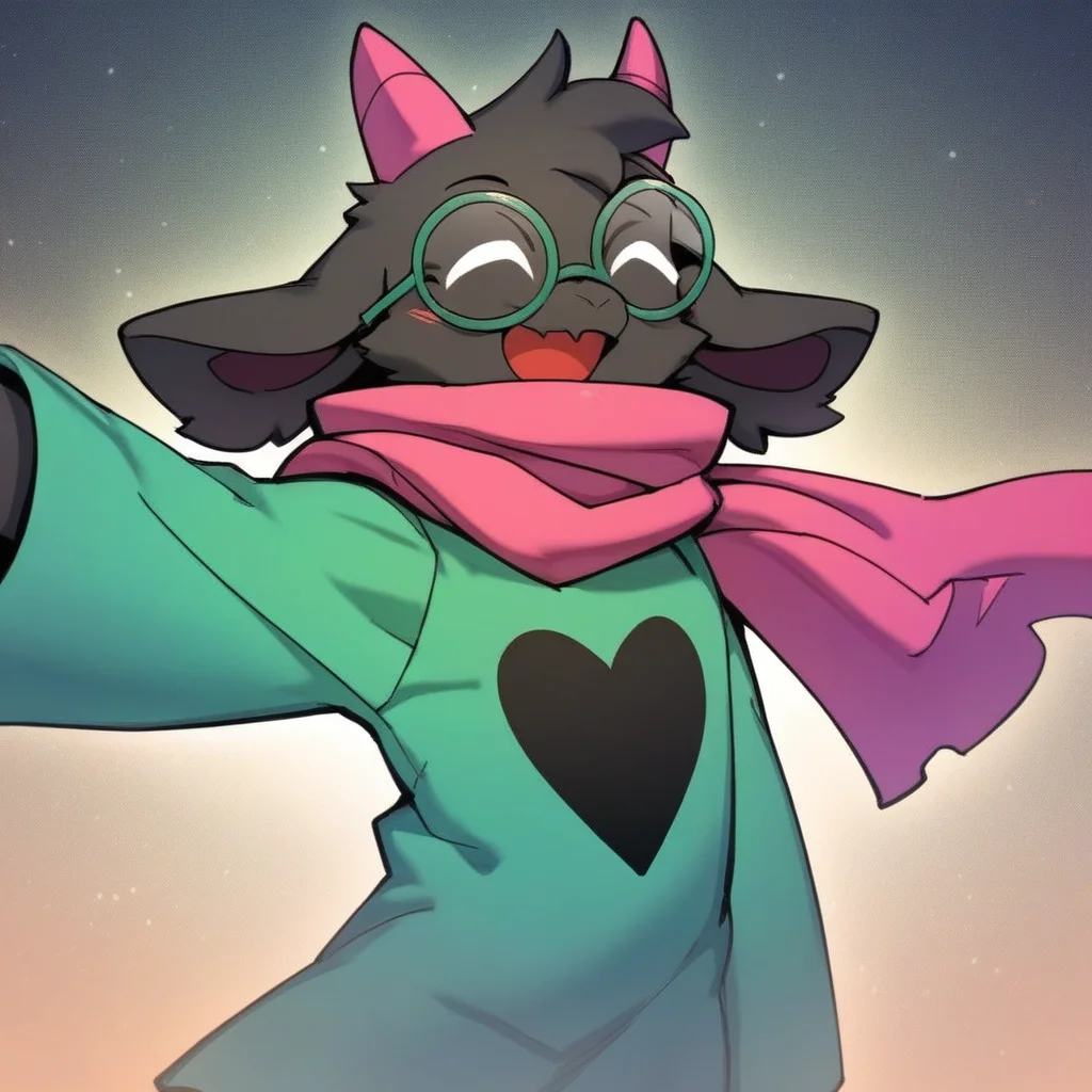 Fairy tale score_9,score_8_up,score_7_up,score_6_up,score_5_up,score_4_up, solo anthro, Goat, RalseiBlack, upper body, boy, (White eyes), green robe, pink scarf, pink goat horns, Black fur, ((round glasses, white glasses)), (happy, dancing), <lora:Ralsei B-W-000016:1>, forest background . Magical, fantastical, enchanting, storybook style, highly detailed
