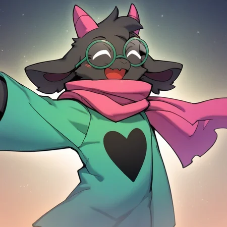 Fairy tale score_9,score_8_up,score_7_up,score_6_up,score_5_up,score_4_up, solo anthro, Goat, RalseiBlack, upper body, boy, (White eyes), green robe, pink scarf, pink goat horns, Black fur, ((round glasses, white glasses)), (happy, dancing), <lora:Ralsei B-W-000016:1>, forest background . Magical, fantastical, enchanting, storybook style, highly detailed