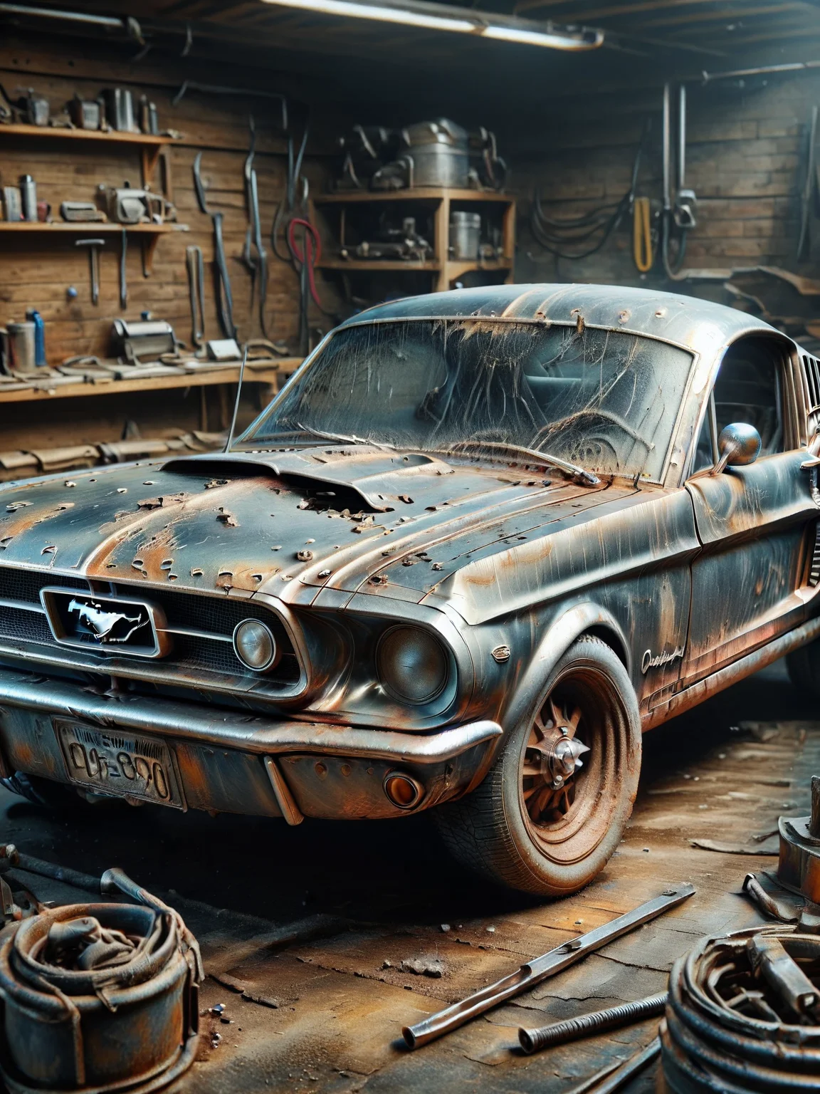 an ais-metalz ais-olde classic ford mustang, parked in the workshop <lora:Metallic_Iridescence_SDXL:0.5> <lora:Old_Style_SDXL:1>